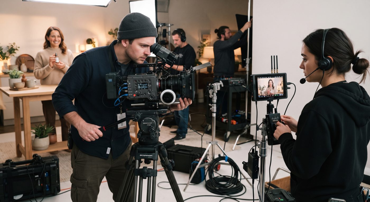 Rodaje de un comercial con cámara sobre trípode e iluminación de set